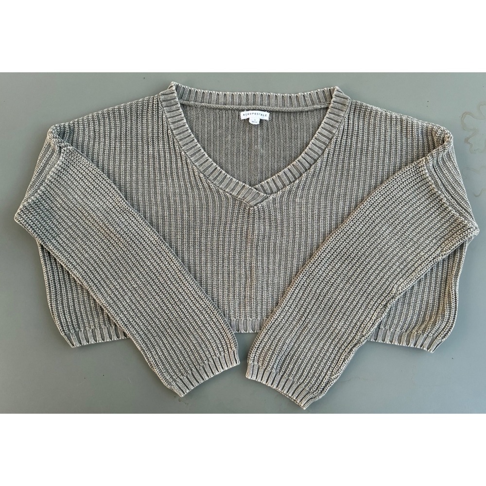 Aeropostale Gray Cotton Shaker Stitch V-Neck Cropped Fisherman Sweater Medium